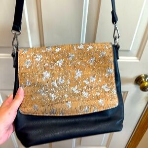 Magnolia and Vine Faux Black Leather Silver Glitter Tan Cork Print Crossbody Bag
